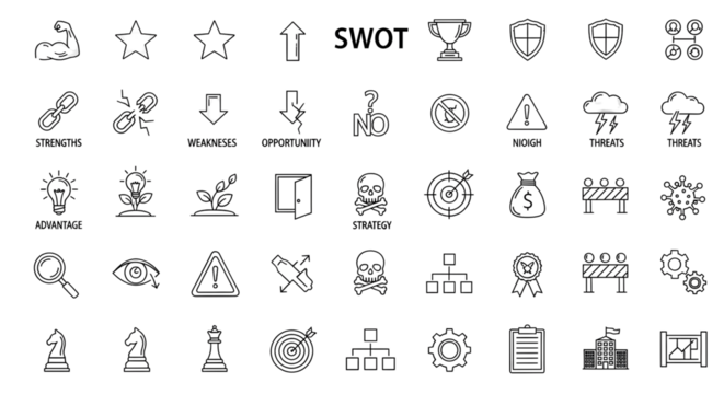 SWOT analysis icons for business strategy and planning on black background