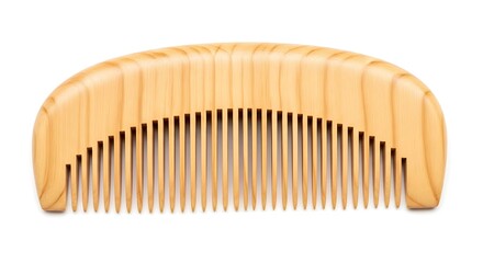 A close-up shot of a light-colored wooden comb, isolated on a white background. It displays a curved back and thin teeth