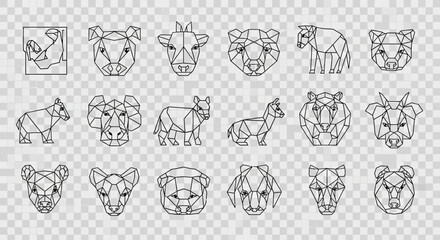 A collection of geometric animal head outlines, including a rhino, pig, cow, sheep, elephant, bear, dog, wolf, and others, arranged in rows.