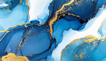 Abstract blue and gold fluid art with swirling motion and central white space — elegant and emotive visual flow.