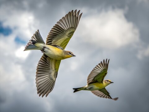 Two Cassin&rsquo;s Vireos Flying Together in Cloudy Sky