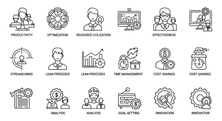 Business and productivity icons illustrating key concepts for success