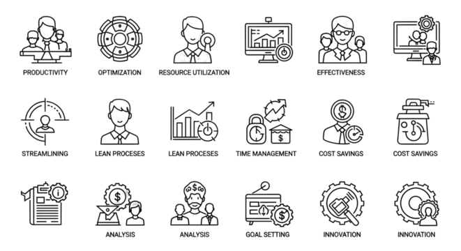 Business and productivity icons illustrating key concepts for success