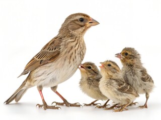 Cassin&rsquo;s Finch Mother with Chicks Isolated on White