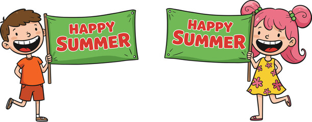 Happy summer kids illustration, cartoon children with flags, joyful seasonal celebration, playful summer scene, cheerful holiday art, bright colors, fun