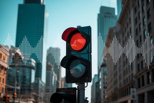 Red traffic light signaling stop in city with soundwave overlay, representing data, communication, and urban planning