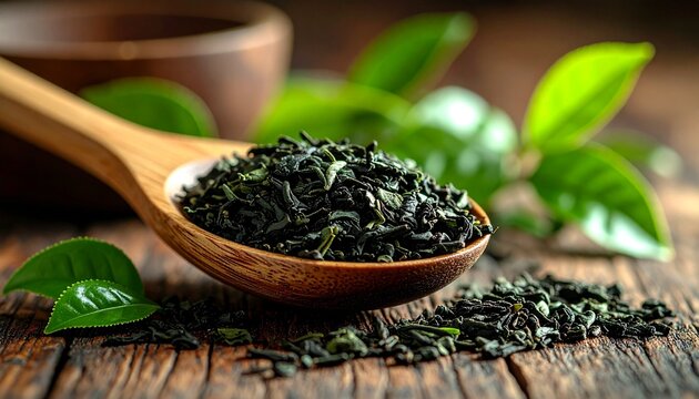 Wooden spoon with dried tea leaves on rustic surface &mdash; earthy contrast of fresh and aged botanicals.