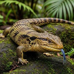 Naklejka premium A close-up shot of a reptile with a distinctive blue tongue, perched atop a moss-covered rock in a verdant setting