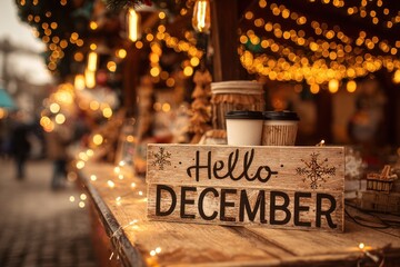 The words "Hello December" on wooden sign above Christmas market stall. Twinkling lights, steaming drinks, festive decorations.