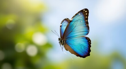 Obraz premium Vibrant blue butterfly in flight against natural green background