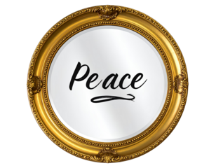Elegant vintage gold frame with decorative mirror featuring the word “Peace” in artistic calligraphy, isolated on transparent background, PNG 