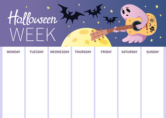 Weekly Halloween planner with blank day columns. Cute ghost with guitar, moon, bat and star on purple night sky. For print, classroom, family schedule, party plan, event note. Vector illustration.