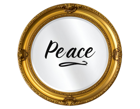 Elegant vintage gold frame with decorative mirror featuring the word “Peace” in artistic calligraphy, isolated on transparent background, PNG 
