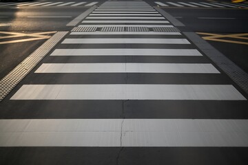 Pedestrian crossing with textured tactile paving for the visually impaired, leading across asphalt road, urban infrastructure