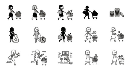 A collection of line art illustrations depicting women shopping with shopping carts, carrying bags, and interacting with money.