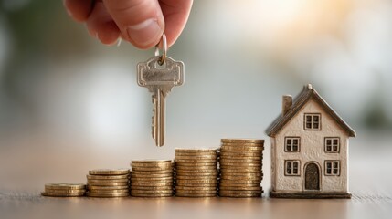 A hand holds a house key beside a substantial stack of keys and coins in a lifestyle context.