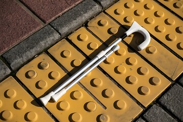 White walking cane resting on yellow tactile paving, representing accessibility, independence, and mobility for visually impaired individuals