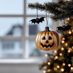 Halloween decoration with pumpkin and bats.