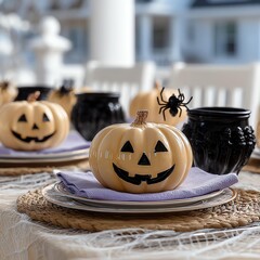Festive Halloween table setting with pumpkins.
