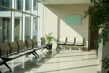 Modern waiting area with sunlight streaming through large windows, creating a bright and welcoming atmosphere for patients or visitors