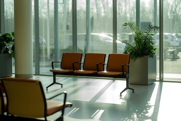 Waiting area with modern seating bathed in sunlight near large windows, creating a welcoming and calm atmosphere for visitors