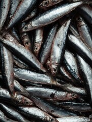 Obraz premium Macro top-down close-up of fresh raw anchovies with silver shiny skin and natural texture in seafood market style