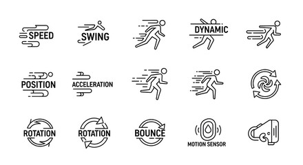 Dynamic motion icons representing speed, position, and acceleration concepts