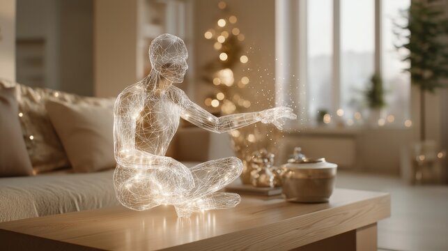A luminous holographic human form sits gracefully in a cozy interior, radiating soft light particles. The futuristic concept symbolizes artificial intelligence, technology, and digital creativity