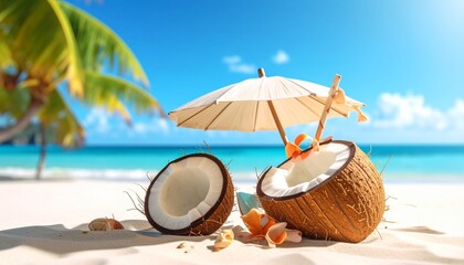 Halved coconuts with cocktail umbrella and straw on white sand beach—tropical scene with turquoise ocean and palm tree.
