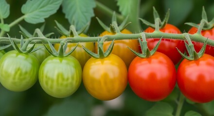A close-up shot of a tomato plant branch, displaying the different stages of ripeness from green to red