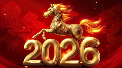 A golden fiery Horse leaps gracefully over the number 2026, representing the Chinese New Year. Celebrates a happy, auspicious start according to the lunar calendar and zodiac sign in China