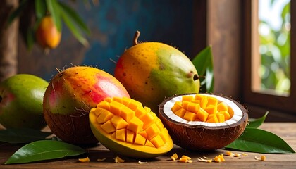 Vibrant Tropical Fruit Medley - Ripe Mangoes and Passion Fruit on a Wooden Table.