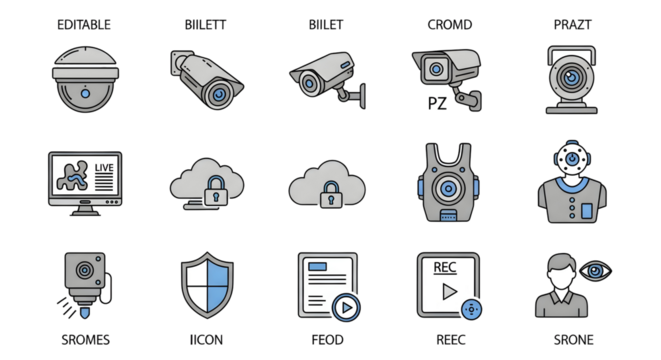 Security, surveillance, and data protection icons for modern applications