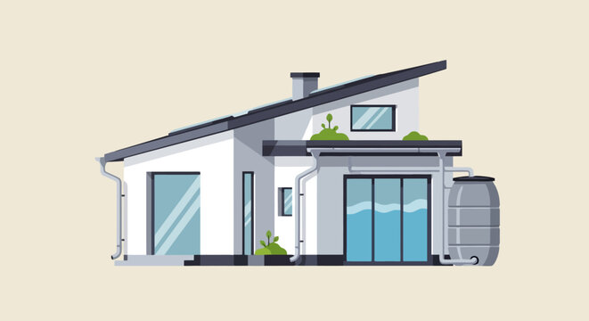 Modern Eco-Friendly House Design with Rainwater Harvesting System, Ideal for Sustainable Living Concepts and Architectural Presentations