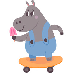 Cute cartoon hippo wearing blue overalls rides an orange skateboard holding a pink popsicle with a transparent background