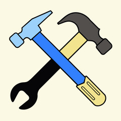 Silhouette of a  hammer and wrench crossed symbolizing construction, building, or repair 