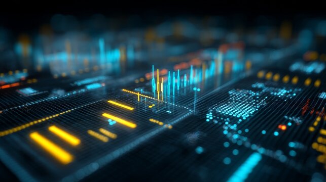 Abstract digital display with glowing bars and data, illustrating complex information flow on a circuit board-like surface