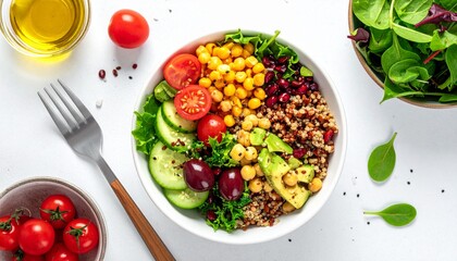 Colorful and fresh veggie bowl with quinoa, avocado, corn, tomato, and cucumber for healthy eating and vibrant lifestyle advertising campaigns now
