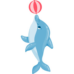 Cute cartoon dolphin in blue and white balancing a red and pink striped ball on its snout with a white background and no distractions.