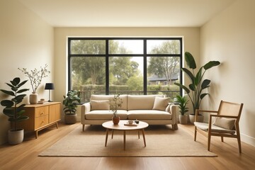 Fototapeta premium Modern minimalist living room with large windows and natural light, Scandinavian style interior with beige sofa, wooden furniture and indoor plants – bright cozy home decor