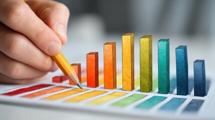 A tutor teaching data concepts with a vibrant bar chart illustration.