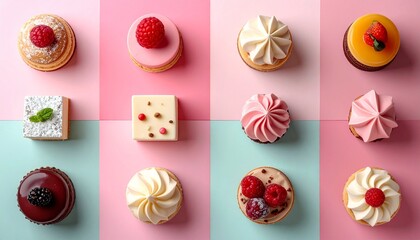 Delightful assortment of colorful mini desserts on pastel backgrounds for culinary designs and sweet treats promotions, perfect for baking and food blogs