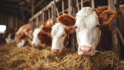 Cows eating hay in a farm barn during bright daylight hours