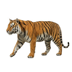 Obraz premium Bengal tiger walking side view photo on plain white background, wild predator style, studio lighting, stock photography for wildlife conservation and zoo catalog