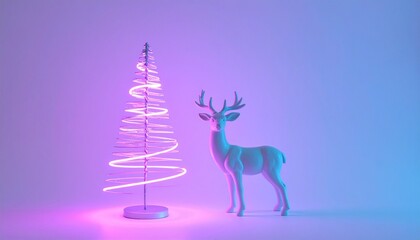Neon deer sculpture with glowing blue antlers and pink body on dark background—vivid, modern light art.