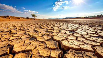 An arid landscape, deeply cracked earth stretches towards the horizon under a bright sun, a single tree provides some shade
