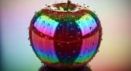 A close-up shot of an apple with a vibrant, iridescent finish and water droplets. The background is a soft, multicolored gradient