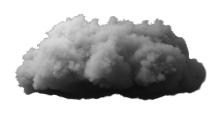 A single, dense cumulus cloud isolated on transparent background, its billowing form and grayscale tones creating a dramatic and impactful visual element, ideal for enhancing digital compositions