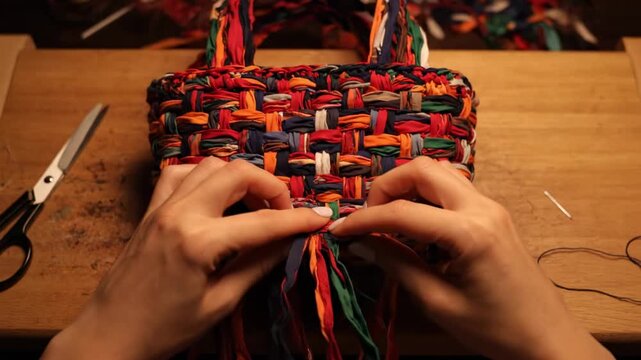 Close-up of hands weaving colorful strips into a bag, with scissors and needle on wooden surface