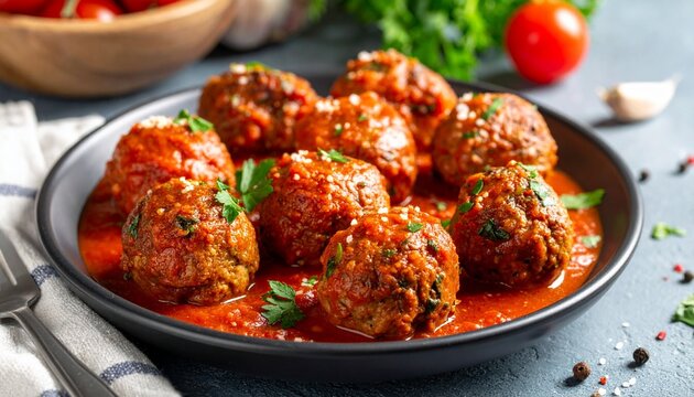 Skillet of meatballs in tomato sauce garnished with parsley, surrounded by fresh ingredients on rustic wooden surface.